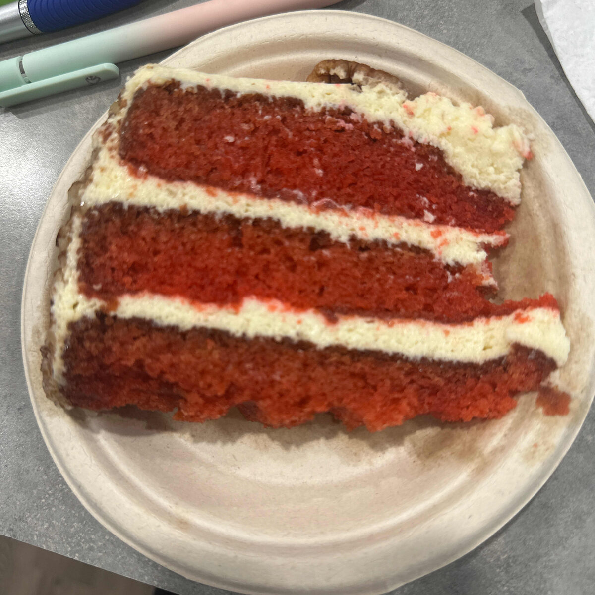 Slice of homemade red velvet cake