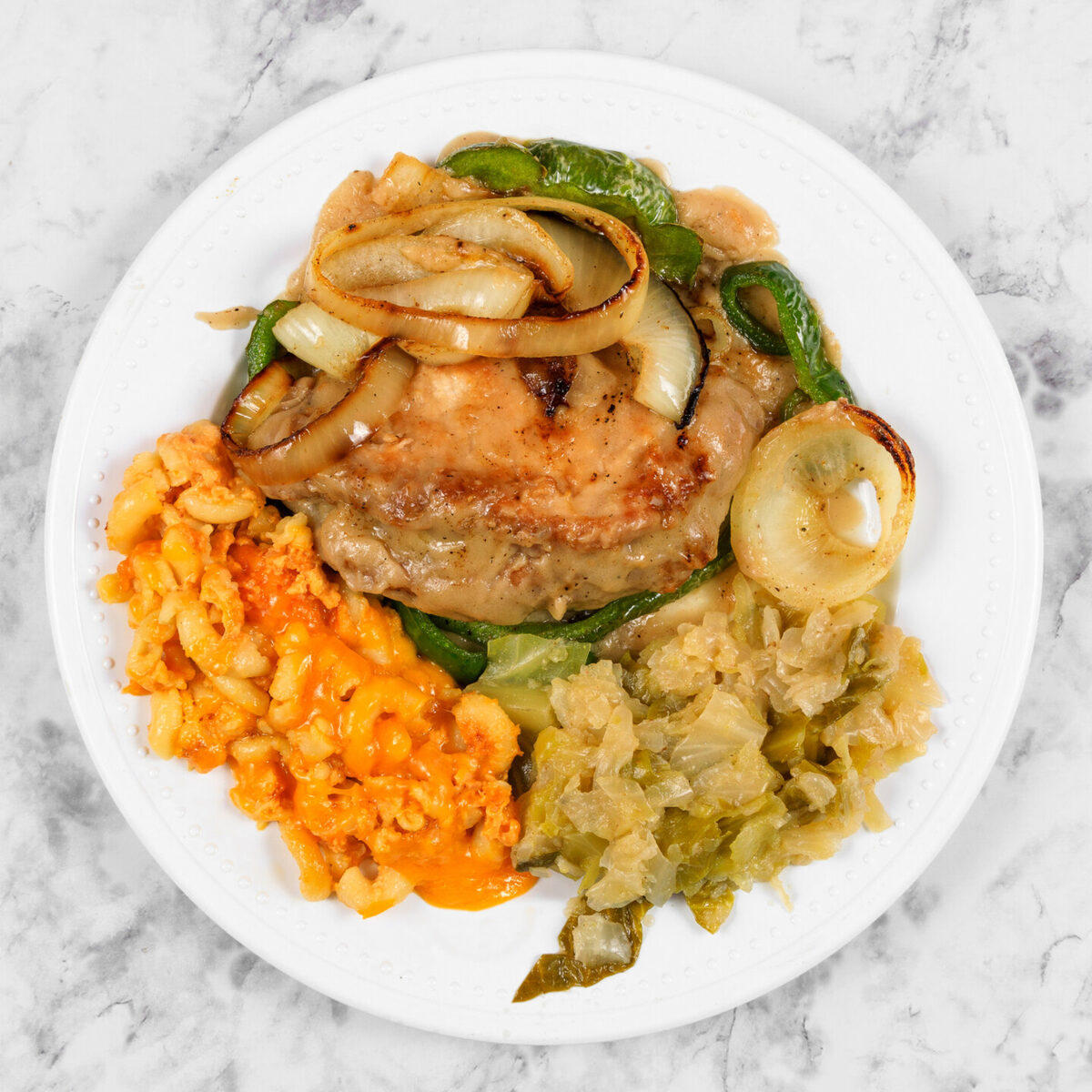 Pork chops smothered in rich brown gravy with onions